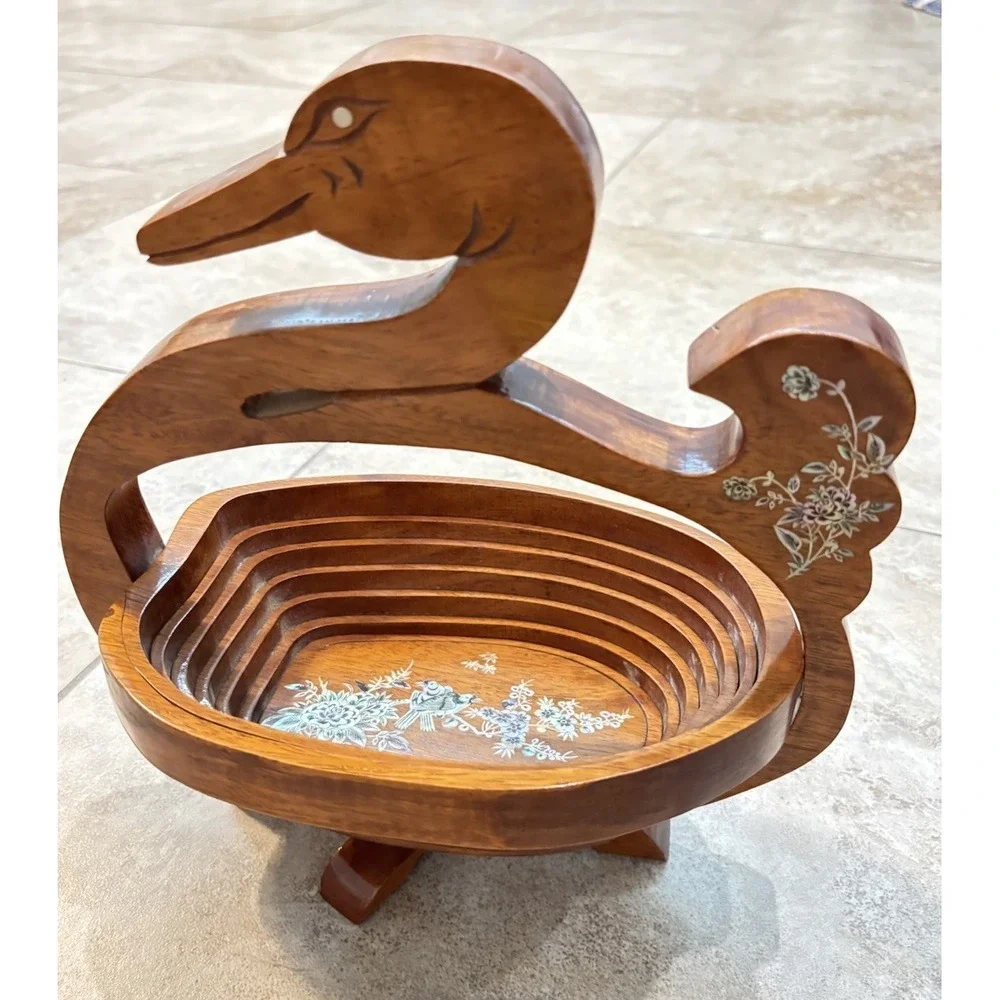 Vintage Wooden Swan Collapsible Fruit Basket Shell Inlay Folding Bird Folk Art